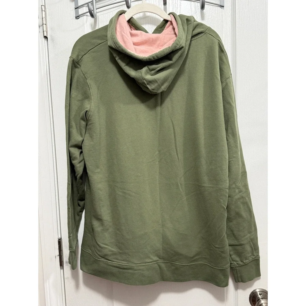 Cabela's Mens 2XL Olive Green Pullover Hoodie Pink Script Logo Fleece Sweatshirt